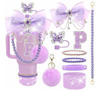 Letter Stickers Bling Accessories Set for Stanley 40/30/20 oz Tumbler: Bow Straw Topper, Charms, Butterfly Cap, Pearl Strap, Silicone Boot, Accessories for Stanley Quencher H2.0 (P, Purple Plum)
