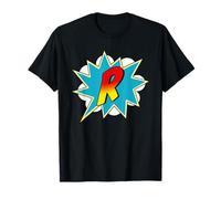 Letter Superhero Name Comic Costume T-Shirt - Black, R Design - Unisex Adults - Short Sleeve - Classic Fit - S