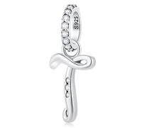 Letter T Charms Alphabet Pendant, 925 Sterling Silver Initial t Dangle CZ Bead fit Pandora Travel Necklace Bracelet con Letra, Gifts for Teacher/Twins/Teenager/Sister