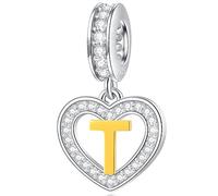 Letter T Charms Initial Necklace Pendant, 18K Gold Letra t, 925 Sterling Silver Heart Alphabet Dangle Beads, fit Pandora Clasp Snake Chain, Gifts for Teacher/Teens/Travel