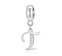 Letter T Charms Initial T Alphable Pendant Beads, 925 Sterling Silver Letra Charm Dangle with Clear CZ, fit Pandora Travel Bracelet, Gifts for Teacher/Teens/Partner