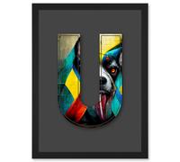 Letter U Dog Tongue Multicoloured Decorative Graffiti Mural Alphabet Initial Stencil Artwork Framed Wall Art Print A4 Artery8 Black One Size