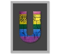 Letter U Sriped Wall Yellow Purple Green Blue Decorative Graffiti Mural Alphabet Initial Stencil Artwork Framed Wall Art Print A4 Artery8 Light Grey One Size