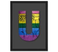 Letter U Sriped Wall Yellow Purple Green Blue Decorative Graffiti Mural Alphabet Initial Stencil Artwork Framed Wall Art Print A4 Artery8 Black One Size
