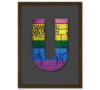 Letter U Sriped Wall Yellow Purple Green Blue Decorative Graffiti Mural Alphabet Initial Stencil Artwork Framed Wall Art Print A4 Artery8 Brown One Size