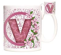 Letter V Gift Mug, Monogram V Mug, Alphabet Letter V Mug, Birthday or Celebration Gift for People Who's Name Begins with V. Pink Flower Design 11oz Ceramic Mug