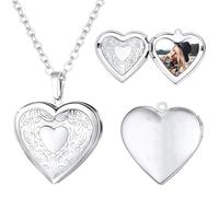 Lettering+Picture Customization-Personalized Love Necklace,Personalised Locket Necklace Customised Photo Heart Pendant Necklaces Gift Picture and Text Engraving Jewelry (Silver)