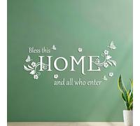 Lettering Stickers Bless This Home and All who Enter Wall Decals Flowers Butterfly 34x71.3cm Equipped with Transfer Film kit White