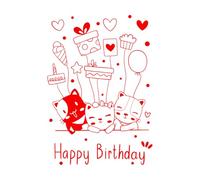 Lettering Stickers Hand Drawn Cat Cute Happy Birthday Greeting Card 68x96.9cm It Won't Fall Off Red