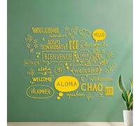 Lettering Stickers Many Countries Languages Welcome Hello Text Coffee Shop Sign 54.6x68.8cm Waterproof Yellow