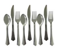 Lettuce Eat® 36 PC Metallic Silver Plastic Cutlery Set Colour Tableware Dinnerware Flatware Forks Spoons Knife Party Wedding Dessert Picnic BBQ Christmas Catering Reusable Garden Strong Kitchen Crocke