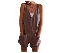 Letuwj Women's Dungarees Halter Adjustable Denim One-piece Shorts Brown M