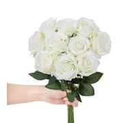 LEUCHTAMOR 10Pcs Artificial Roses Fake Silk Flowers Milky White Realistic Bouquet for DIY Craft Flowers for Wedding Bridal Bouquets Arrangements Party Home Decorations