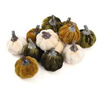 LEUCHTAMOR 12pcs Artificial Fabric Pumpkins Small Fake Velvet Pumpkin Fall Harvest Pumpkins for Halloween Autumn Harvest Festival Home Table Decor (Cream/Lime Green/Forest Green)
