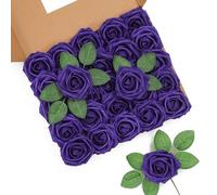 LEUCHTAMOR 25Pcs Artificial Roses Flowers Purple Fake Roses Real Touch Foam Rose Heads for Wedding Bridal Bouquets Centerpieces Floral Arrangement Party Home Decoration