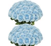 LEUCHTAMOR 50Pcs Artificial Roses Fake Silk Flowers Sky Blue Realistic Bouquet for DIY Craft Flowers for Wedding Bridal Bouquets Arrangements Party Home Decorations