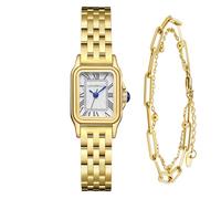 LEUCOPHYLLU Small Gold Watches for Women with Vintage Rectangular Case, Classic Roman Dial,Stainless Steel Band Water Resistant with Bracelet Chain, Golden with Golden Chain