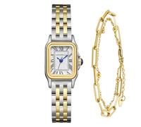 LEUCOPHYLLU Small Gold Watches for Women with Vintage Rectangular Case, Classic Roman Dial,Stainless Steel Band Water Resistant with Bracelet Chain, Golden Silver with Golden Chain