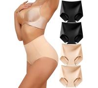 LEVAO Women Seamless Underwear High Waisted Tummy Control Panties No Show Shapewear Briefs Plus Size 4 Pack, Black*2,nude*2, M