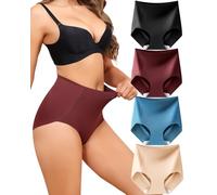 LEVAO Women Tummy Control Underwear, High Waisted Seamless Panties No Show Postpartum Briefs 4 Pack S-3XL, Black,nude,reddish Brown,blue, L