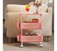 Levede 3 Tier Narrow Kitchen Trolley Cart with Pull-Out Basket Storage Bin in Pink Levede Pink