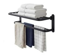 Levede 60cm Towel Rail Wall Mounted, Foldable 2-Tier Rustproof Towel Holder, No-Drill Self Adhesive or Screw Fix, Matte Black Space Saving Towel Rack for Bathroom Kitchen Laundry - Holds 10kg