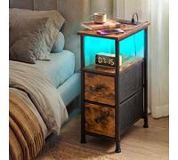 Levede Bedside Table Narrow Side Table With Led Charging Station Brown