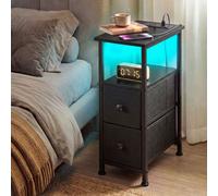 Levede Bedside Table Narrow Side Table With Led Light Charging Station Black