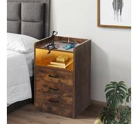 Levede Bedside Table Nightstand Usb Charger Outlet Rgb Led 3 Drawers Oak