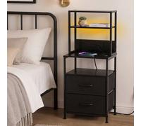 Levede Bedside Table With Charging Station Led Light 2 Drawers Black