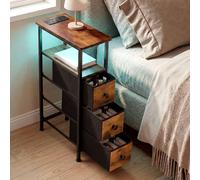 Levede Bedside Table with LED Light, Charging, 3 Fabric Drawers in Brown Levede Brown