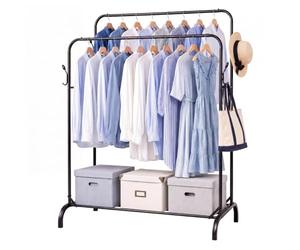 Levede Clothes Rail 2 Rods Hanging Rails Carbon Steel Rack Bedroom Black | Double hanging rails, 3-tier bottom shelf, 4 side hooks, 95kg capacity, steel frame, wide stable base, black finish