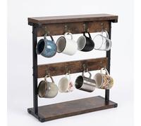 Levede Coffee Mug Holder Stand, Countertop Mug Tree with Storage Base, Holds 8 Mugs, 2 Tier Rustic Brown Cup Organiser for Kitchen, Space Saving Vertical Rack for Coffee Bar & Dining Table