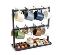 Levede Coffee Mug Holder Stand, Holds 16 Mugs Countertop Mug Tree with Storage Base, 2 Tier Cup Organiser for Kitchen, Tea & Coffee Bar, Heavy Duty Carbon Steel Rack, Black