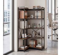 Levede Corner Bookcase 5-Tier L-Shaped Bookshelf Space-Saving Spice Walnut Black Metal