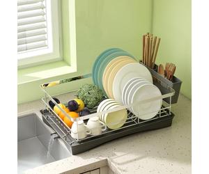 Levede Dish Drainer Rack - Space-Saving Dish Drainer with Drainboard for Small Kitchens, 360° Rotating Drain Spout, Cutlery Holder, Stainless Steel, Rustproof