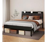 Levede Double Bed Frame Metal Platform Linen Upholstered Headboard Storage