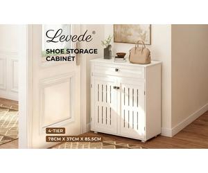 Levede Louvre Shoe Storage Cabinet: 4 Tier - White