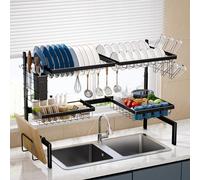Levede Over the Sink Drainer Rack, 2-Tier Expandable Draining Rack 66-85cm, Large Kitchen Dish Drainers with 4 Basket, Space-Saving Kitchen Counter Shelf Organiser