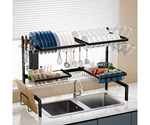 Levede Over the Sink Drainer Rack, 2-Tier Expandable Draining Rack 66-85cm, Large Kitchen Dish Drainers with 4 Basket, Space-Saving Kitchen Counter Shelf Organiser