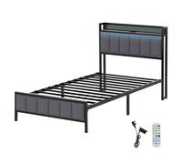 Levede Single Bed Frame Metal Platform LED Headboard Charging Station in Grey Levede Grey Single