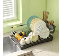 Levede TOQUE Stainless Steel Dish Drying Rack - Space-Saving Kitchen Dish Drainer with 360° Rotating Drain Spout, Removable Utensil Holder & Drip Tray, Rustproof, Easy Assembly - 49 x 31 x 14.5 cm