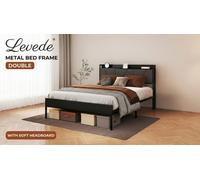 Levede Upholstered Bed Frame with Storage Headboard and Steel Support: Double/Brown