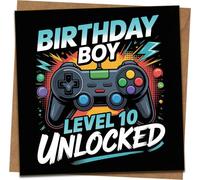 Level 10 Unlocked Birthday Card for Boy Gamer - 145mm x 145mm Square with Kraft Envelope, Video Game Controller Design, Funny 10th Birthday Greeting Card