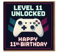Level 11 Unlocked Gamer Birthday Card - Happy 11th Birthday with Video Game Controller, Retro Pixel Style for Boys or Girls Who Love Gaming