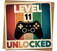 Level 11 Unlocked Gamer Birthday Card - Retro Video Game Controller, 145mm x 145mm Square, with Kraft Envelope, Funny Birthday Card for Boys, Kids, Son, Nephew