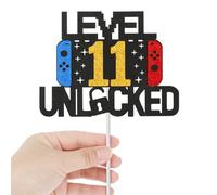 Level 11th Unlocked Sign Cake Topper, Double Sided Glitter Gamer Birthday Party Cake Topper Video Game Birthday Decorations Celebration Supplies for Boys Game Fans Kids Men
