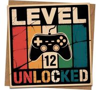 Level 12 Unlocked Gamer Birthday Card - 145mm x 145mm Square Greeting Card with Kraft Envelope, Retro Video Game Controller Design, 12th Birthday for Boys Girls Kids