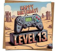 Level 13 Gamer Birthday Card - Video Game Controller Design, Happy 13th Birthday for Boys Girls Teens - 145mm x 145mm Square Card with Kraft Envelope