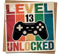 Level 13 Unlocked Gamer Birthday Card - Video Game Controller Design, 145mm x 145mm, Blank Inside, 13th Birthday for Boys Girls Teens, Includes Kraft Envelope